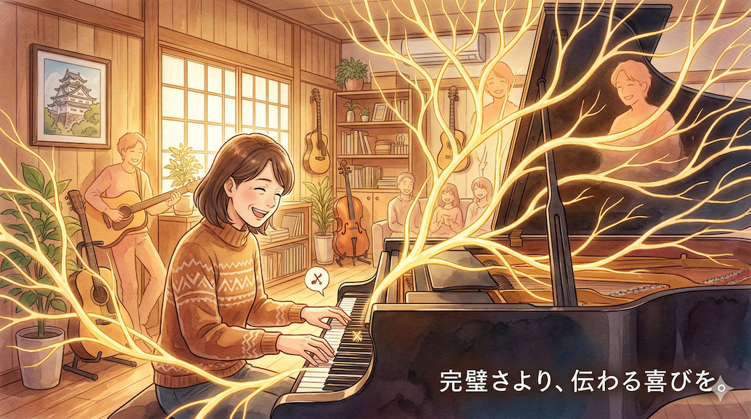 温かみのある水彩画風のイラスト。スタジオでピアノを弾く大人の姿。少し間違えてしまったのか照れ笑いを浮かべているが、その表情は心からの音楽の喜びに満ちている。演奏者から溢れ出す光の音符は、一つのゴールに向かう直線ではなく、豊かな木の根や枝葉のように空間に広がり、周囲の人々のシルエットと優しく繋がっている。完璧さよりも、意思を伝え、深めていく音楽の「プロセス」の美しさを視覚化している。画像右下には「完璧さより、伝わる喜びを。」というテキストが書かれている。