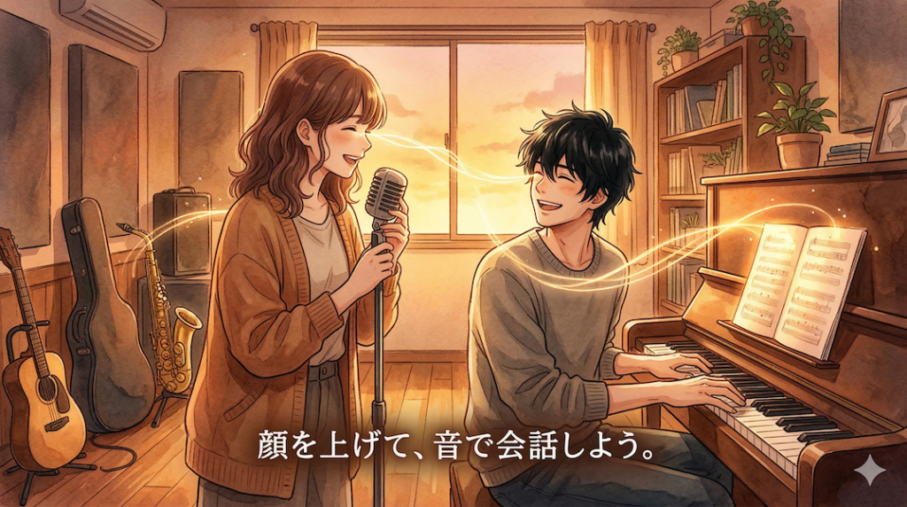 温かみのある水彩画風のイラスト。スタジオで演奏するボーカリストとピアニストが、楽譜や手元ではなく、お互いの目を見て笑顔で演奏している。2人の視線の間には温かく光る絆の糸（光の帯）が繋がり、アンサンブルにおける目線と呼吸の共有を表現している。譜面台の楽譜は少しぼやけており、完璧主義を手放した様子が描かれている。画像下部には「顔を上げて、音で会話しよう。」というテキストが書かれている。