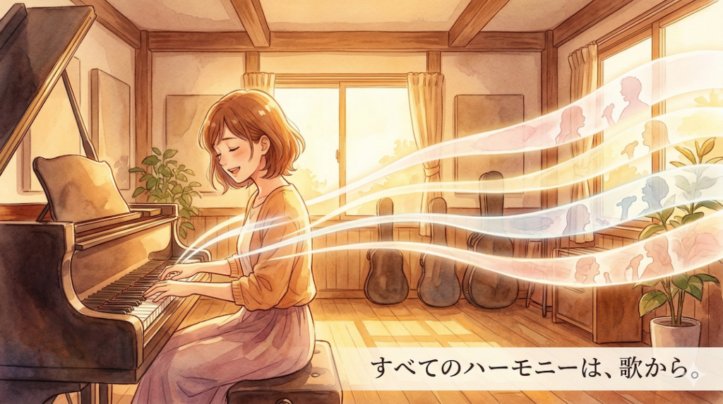 温かみのある水彩画風のイラスト。穏やかな光の差す部屋でピアノを弾く人物。鍵盤を押さえた指先から、4本の光の帯が滑らかに伸びている。その光の中には、それぞれ歌を歌っている人々のシルエットが淡く浮かび上がっており、楽器のコード（和音）の原点が「人間の歌声」であることを表現している。画像下部には「すべてのハーモニーは、歌から。」というテキストが書かれている。