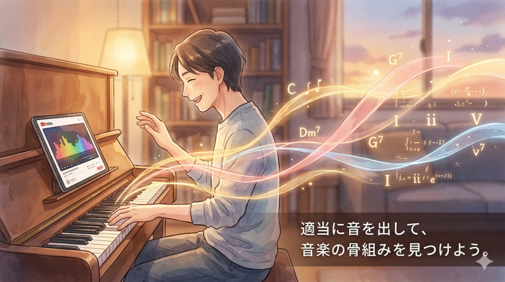温かみのある水彩画風のイラスト。夕暮れの音楽室でピアノに向かう大人の人物が、手元のタブレット（YouTube）の音源に合わせて楽しそうに音を探している。彼の周りに、直感的な音（光の帯）と、そこから結晶化する理論的な音（光るコード記号「Dm7 G7 C」）が融合し、音楽の骨組みが形作られていく様子が描かれている。画像下部には「適当に音を出して、音楽の骨組みを見つけよう。」というテキストが書かれている