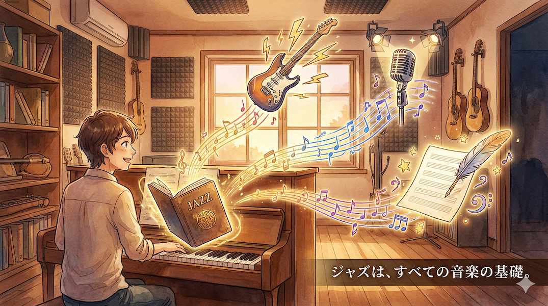 温かみのある水彩画風のイラスト。楽器を持った人物の前に「JAZZ」と書かれたパスポートのような本が開かれている。そこから光り輝く音符が飛び出し、エレキギター（ロック）やマイク（ポップス）、そして白紙の楽譜と羽ペン（オリジナル作曲）へと枝分かれしていく様子が描かれ、ジャズがあらゆる音楽の基礎であることを表現している。画像下部には「ジャズは、すべての音楽の基礎。」というテキストが書かれている。