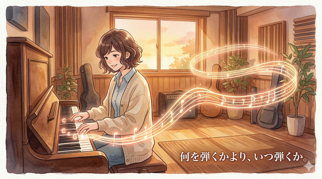 温かみのある水彩画風のイラスト。スタジオでリラックスしてピアノを弾く人物。大量の複雑な音符ではなく、押さえた数個の鍵盤（シンプルなコード）から、美しく輝くリズムの波長（タイミングと休符の空間）が広がっている。「何を弾くか」よりも「いつ弾くか」が重要であるというアドリブの本質を表現している。画像下部には「何を弾くかより、いつ弾くか。」というテキストが書かれている。