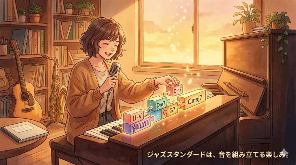 温かみのある水彩画風のイラスト。アンティークな音楽スタジオで、ピアニストまたはボーカリストが、「Dm7」「G7」といったコード記号やメロディの断片が書かれた、美しく光る音楽のパズルピース（ビルディングブロック）を手に取り、組み立てている様子。白紙に描く恐怖ではなく、与えられた素材を組み立てる楽しみを表現している。画像下部には「ジャズスタンダードは、音を組み立てる楽しみ。」というテキストが書かれている。