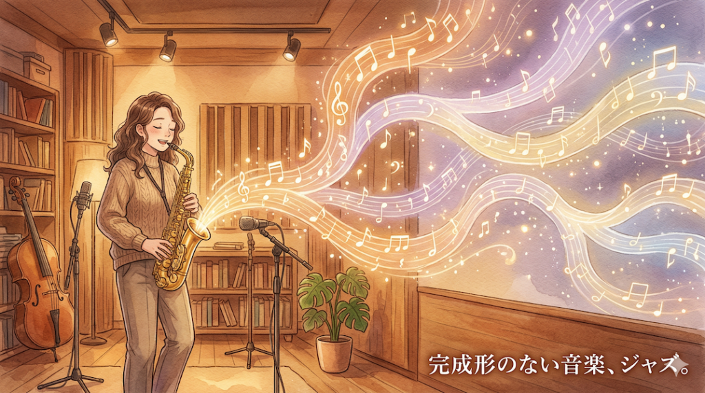 温かみのある水彩画風のイラスト。スタジオで演奏するミュージシャン。楽器から溢れ出す音符が、決まった一本道ではなく、美しく渦を巻きながら有機的に枝分かれし、色を変えて広がる光の川（銀河）となっている。ジャズの「予測不能な変化」や「完成形のない懐の深さ」を表現。画像下部には「完成形のない音楽、ジャズ。」というテキストが書かれている。