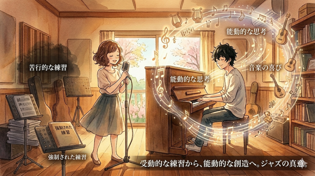 温かみのある水彩画風のイラスト。スタジオで演奏するボーカリストとピアニスト。左側には「苦行的な練習」や「強制された練習」と書かれた楽譜の山が影となっており、対して右側には、2人が目を閉じて音楽の喜びを感じ、その周りから光り輝く音符や抽象的な音楽のシンボルが自由に溢れ出している様子を描いている。これがユーザーの主張する「最低限の知識とルールで自由に音楽を表現する喜び」と、受動的な練習から能動的な創造へと変わる瞬間を視覚化している。画像下部には「受動的な練習から、能動的な創造へ。ジャズの真意。」というテキストが書かれている。