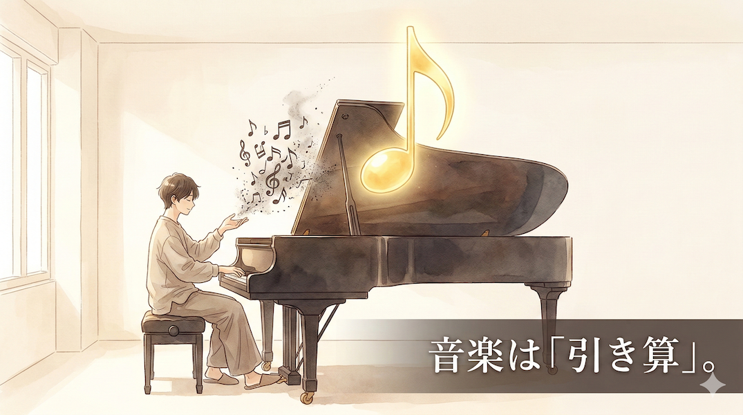 温かみのある水彩画風のイラスト。穏やかな音楽室でピアノに向かう人物が、ごちゃごちゃとした過剰な音符を手放している。代わりに、心を込めて弾いた「たった一つの音符」が、美しい黄金色の光となって澄んだ空間に響き渡っており、音楽における「引き算の美学」を表現している。画像下部には「音楽は「引き算」。」というテキストが書かれている。