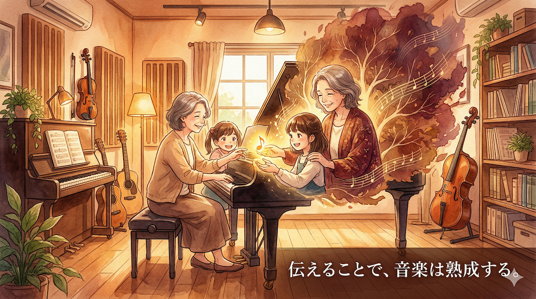 温かみのある水彩画風のイラスト。スタジオで、大人の経験者が初心者に優しく楽器を教えている。経験者の手から「音楽の知識の種」を象徴する小さな光が初心者に手渡され、その瞬間、経験者自身の周りの光が芳醇なワインのように深く豊かな色に広がり、教えることで自分自身の音楽が熟成される様子を表現している。画像下部には「伝えることで、音楽は熟成する。」というテキストが書かれている。