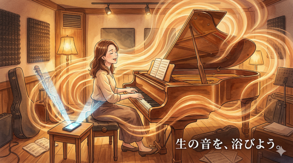 温かみのある水彩画風のイラスト。テーブルの上に置かれたスマートフォンからは細く平坦な光（圧縮されたデジタル音源）が出ているのに対し、グランドピアノを弾き、歌う大人の周囲には、豊かで立体的、空間全体を包み込むような温かい光の波紋（生の音、倍音、空気の振動）が広がっている。生の楽器や声の圧倒的な響きと、自分で演奏することの贅沢さを視覚化。画像下部には「生の音を、浴びよう。」というテキストが書かれている。