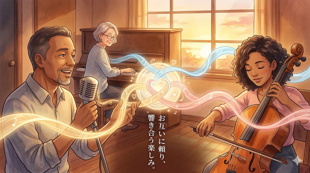 温かみのある水彩画風のイラスト。スタジオの中央で、ボーカリスト、チェリスト、ピアニストが楽しそうに演奏し、お互いを見つめ合っている。それぞれの楽器や声から異なる色の光の帯が滑らかに伸びている。空中で溶け合い、一つの温かく光り輝く和音（ハーモニー）の渦を形作っており、アンサンブルにおける信頼と調和を表現している。画像下部には「お互いに頼り、響き合う楽しみ。」というテキストが書かれている。