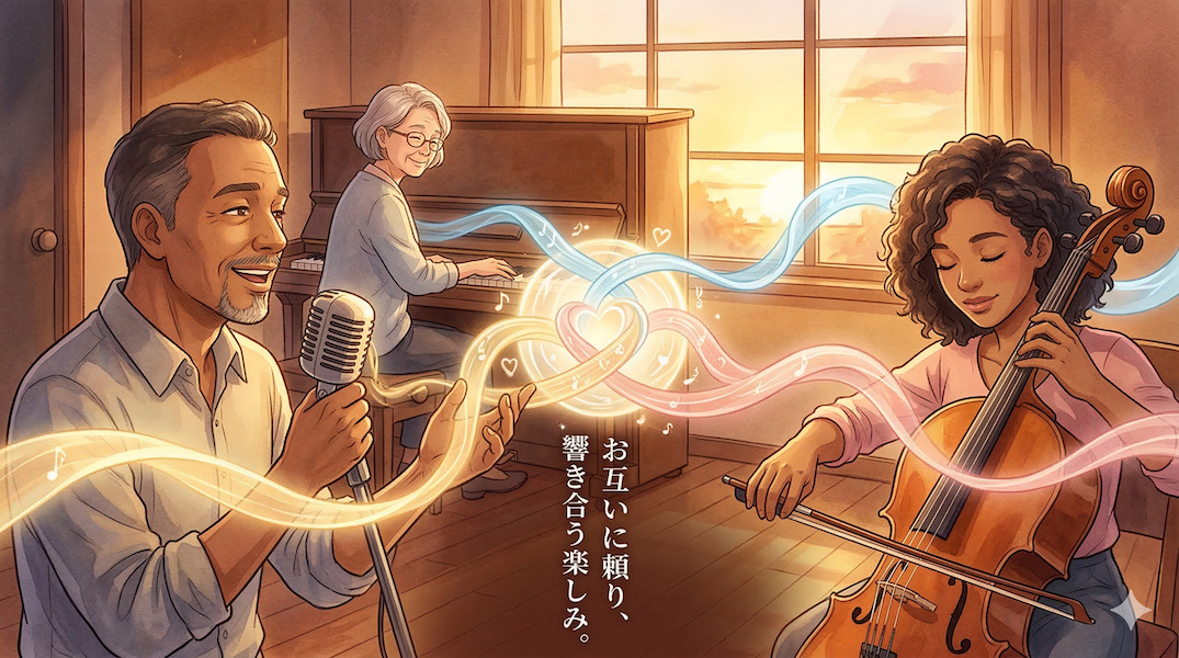 温かみのある水彩画風のイラスト。スタジオの中央で、ボーカリスト、チェリスト、ピアニストが楽しそうに演奏し、お互いを見つめ合っている。それぞれの楽器や声から異なる色の光の帯が滑らかに伸びている。空中で溶け合い、一つの温かく光り輝く和音（ハーモニー）の渦を形作っており、アンサンブルにおける信頼と調和を表現している。画像下部には「お互いに頼り、響き合う楽しみ。」というテキストが書かれている。