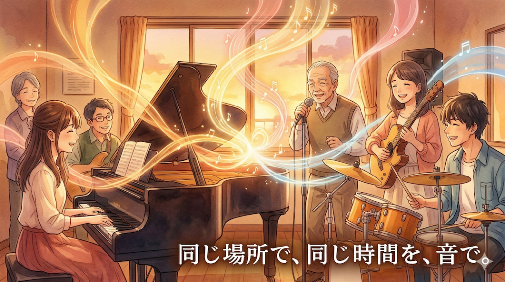 温かみのある水彩画風のイラスト。居心地の良い音楽スタジオで、プロの若い女性ピアニスト、アマチュアの年配男性ボーカリスト、若い男性ドラマーが、互いに笑顔で見つめ合いながらセッションをしている。それぞれの楽器や声から出た異なる色の光の帯が空中で溶け合い、一つの温かい光の渦（ハーモニー）を形作っている。画像下部には「同じ場所で、同じ時間を、音で。」というテキストが書かれている。