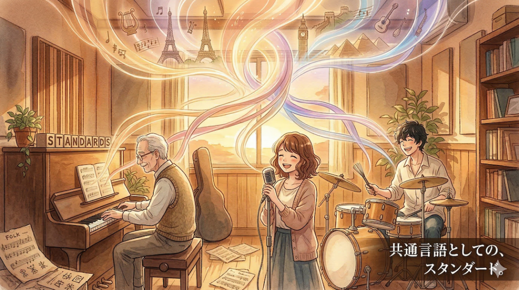 温かみのある水彩画風のイラスト。スタジオで演奏するボーカリストとピアニスト、ドラマー。彼らの演奏から生まれた光の帯が空中で融合し、その中に世界中の様々な文化のシンボルやランドマーク（エッフェル塔、ビッグベンなど）が淡く浮かび上がっている。スタンダード曲が他者との共通項を見つけ、繋がるための共通言語であることを表現している。画像下部には「共通言語としての、スタンダード。」というテキストが書かれている。