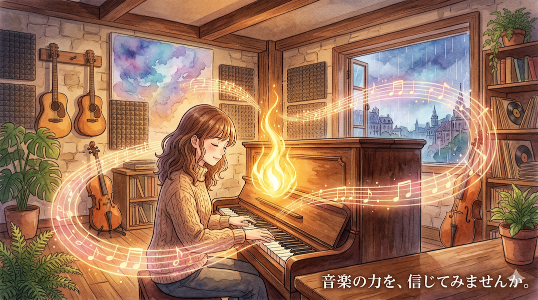 温かみのある水彩画風のイラスト。窓の外がどんな時代や天候であっても、温かな琥珀色の光に包まれたスタジオの中で、心安らかに音楽を奏でる人物。手元からは「人々のエネルギー」を象徴する黄金の温かい光(炎)が灯り、そこから溢れ出した音符が、包み込むように部屋全体を優しく照らしている。歴史上決して消えることのない音楽の力と癒やしを表現している。画像下部には「音楽の力を、信じてみませんか。」というテキストが書かれている。