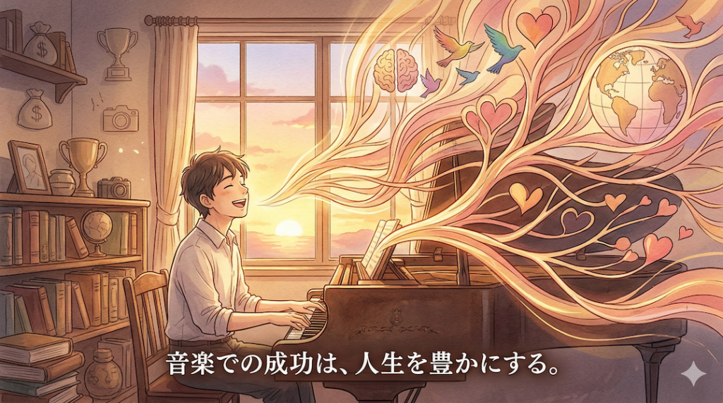 温かみのある水彩画風のイラスト。夕暮れの部屋で、ピアノを弾きながら心から楽しそうに歌う人物。背景には薄暗く描かれたトロフィーやお金の袋があるが無視されている。彼らの身体と楽器から、人生の豊かさ、深い思考、多様性を象徴する美しい光の木（アコースティックエネルギー）が広がっている。画像下部には「音楽での成功は、人生を豊かにする。」というテキストが書かれている。