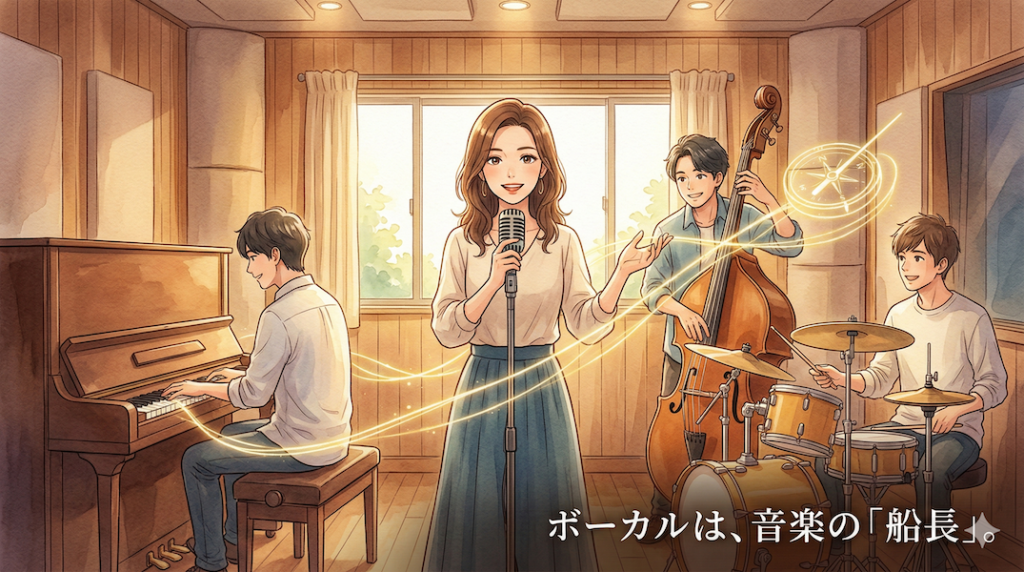 温かみのある水彩画風のイラスト。スタジオの中央でマイクを持つ女性ボーカリストが、自信と温かい笑顔で立っている。周囲のピアニスト、ベーシスト、ドラマーが彼女を信頼して見つめ、音を合わせている。ボーカルから光の糸が広がり、バンド全体を導く「船長（コンダクター）」としての役割を表現している。画像下部には「ボーカルは、音楽の「船長」。」というテキストが書かれている。