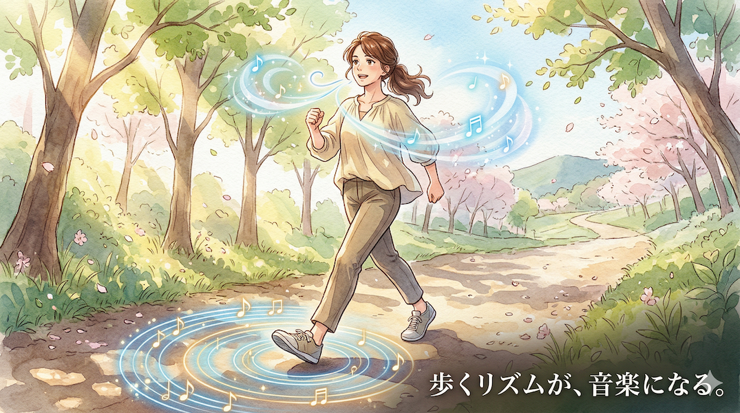 温かみのある水彩画風のイラスト。春の爽やかな並木道を、背筋を伸ばして大股でリズミカルに歩く大人の姿。足元からはリズムを象徴する光の波紋が広がり、胸元からは深い呼吸を象徴する光の風が舞っている。日常の「歩く」という動作が、発声のための呼吸や音楽のグルーヴ、健康を整える最高の基礎練習であることを表現している。画像下部には「歩くリズムが、音楽になる。」というテキストが書かれている。