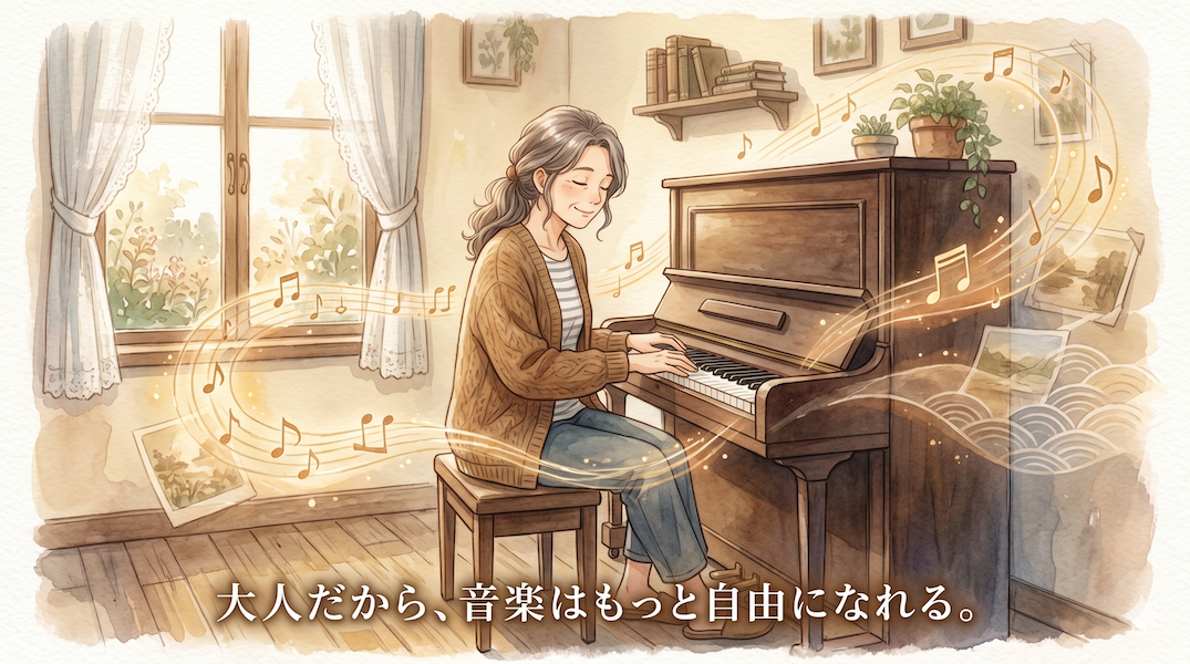 暖かな光の部屋で、50代くらいの女性がアコースティックピアノに向かい、穏やかな笑顔で自由に音楽を楽しむ水彩アニメ風イラスト。黄金の音符と人生経験を象徴する柔らかな光が広がり、下部中央に「大人だから、音楽はもっと自由になれる。」の白いテキスト。