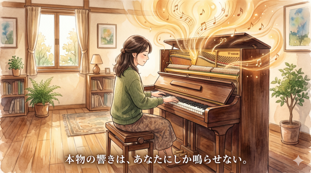 暖かな光の部屋で、女性がアコースティックピアノに優しく触れて演奏する水彩アニメ風イラスト。ピアノの内部から黄金の響きと倍音が部屋全体に広がり、下部中央に「本物の響きは、あなたにしか鳴らせない。」の白いテキスト。