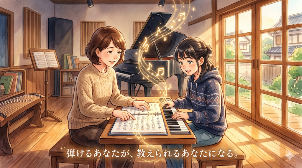 岸和田の温かな光が差し込む木目調の音楽スタジオで、二人が楽譜を前に並んで座り、光の糸で繋がりながら音楽を伝え合う水彩アニメ風イラスト。下部中央に「弾けるあなたが、教えられるあなたになる。」の白いテキスト。