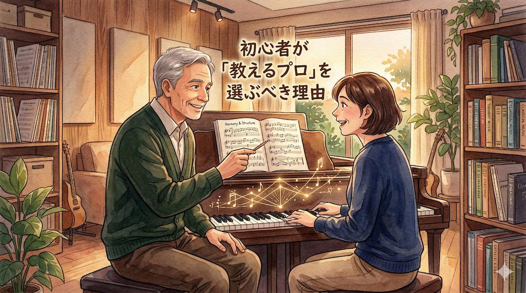 温かみのある音楽スタジオで、経験豊富な白髪の男性講師が大人の女性生徒にピアノを教えている水彩画風イラスト。講師はペンで楽譜を指し示しながら論理的に説明し、生徒は笑顔で深く納得した表情を浮かべている。二人の間には光る音符と幾何学的な線が浮かび、「教えるプロ」による分かりやすい指導を視覚化。中央上部に「初心者が『教えるプロ』を選ぶべき理由」というテキストが配置されている。