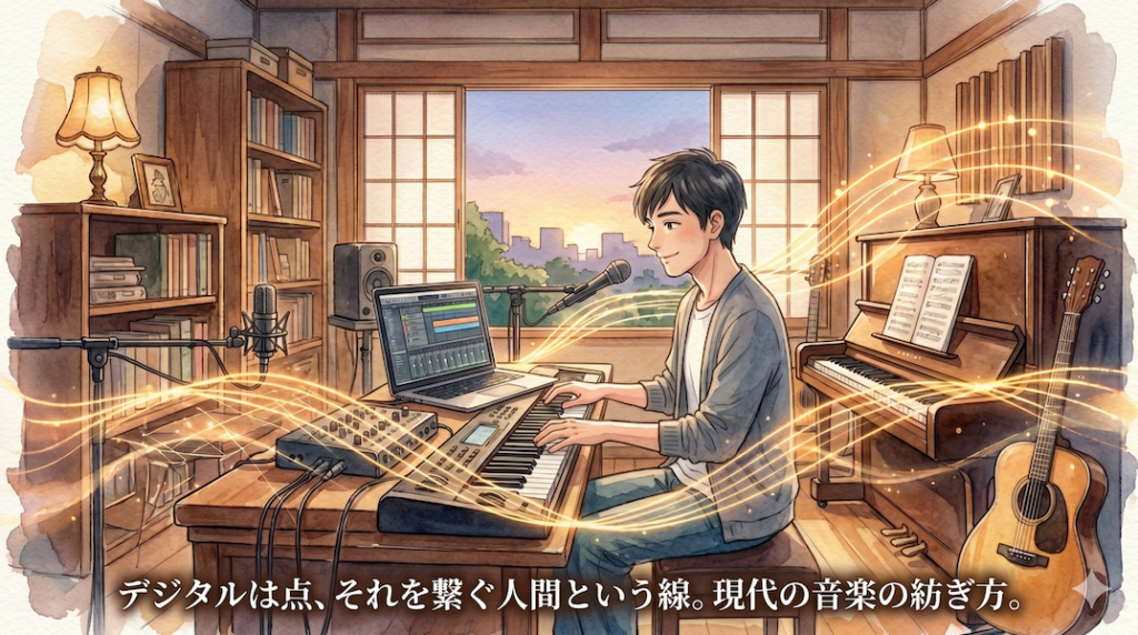 岸和田の木目調の音楽スタジオに差し込む暖かい陽光の中、黄金色の光の点が曲線で繋がり音楽の流れを表す水彩アニメ風イラスト。下部中央に「点を繋ぐ線が、音楽になる。」の白いテキスト。