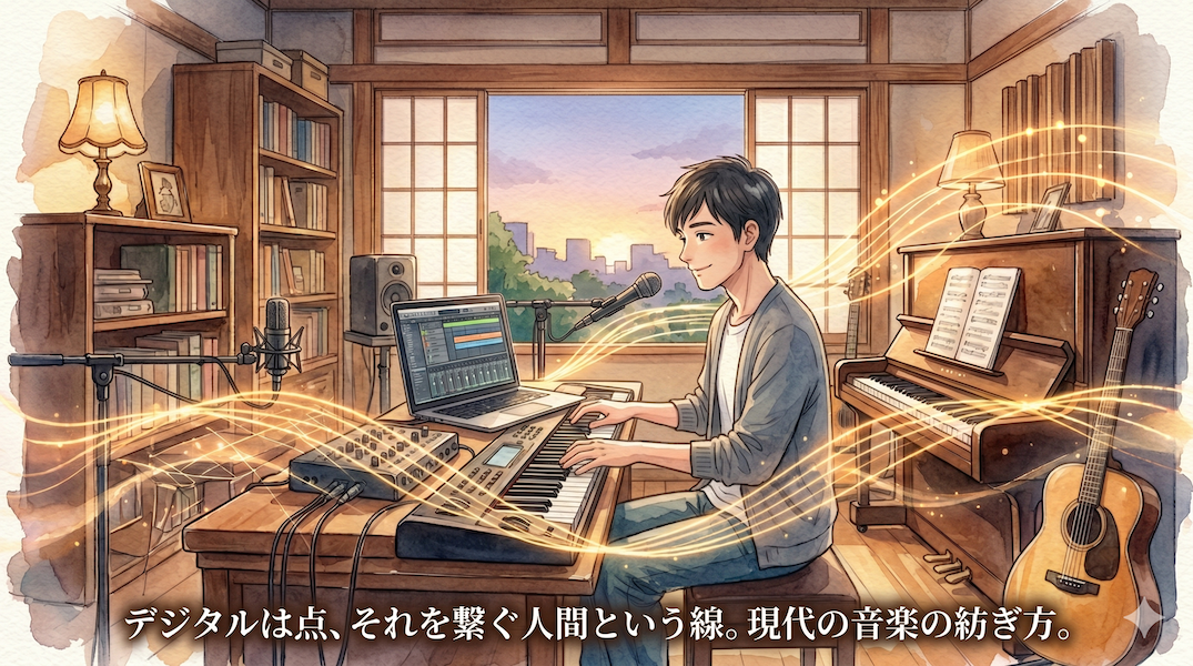 岸和田の木目調の音楽スタジオに差し込む暖かい陽光の中、黄金色の光の点が曲線で繋がり音楽の流れを表す水彩アニメ風イラスト。下部中央に「点を繋ぐ線が、音楽になる。」の白いテキスト。