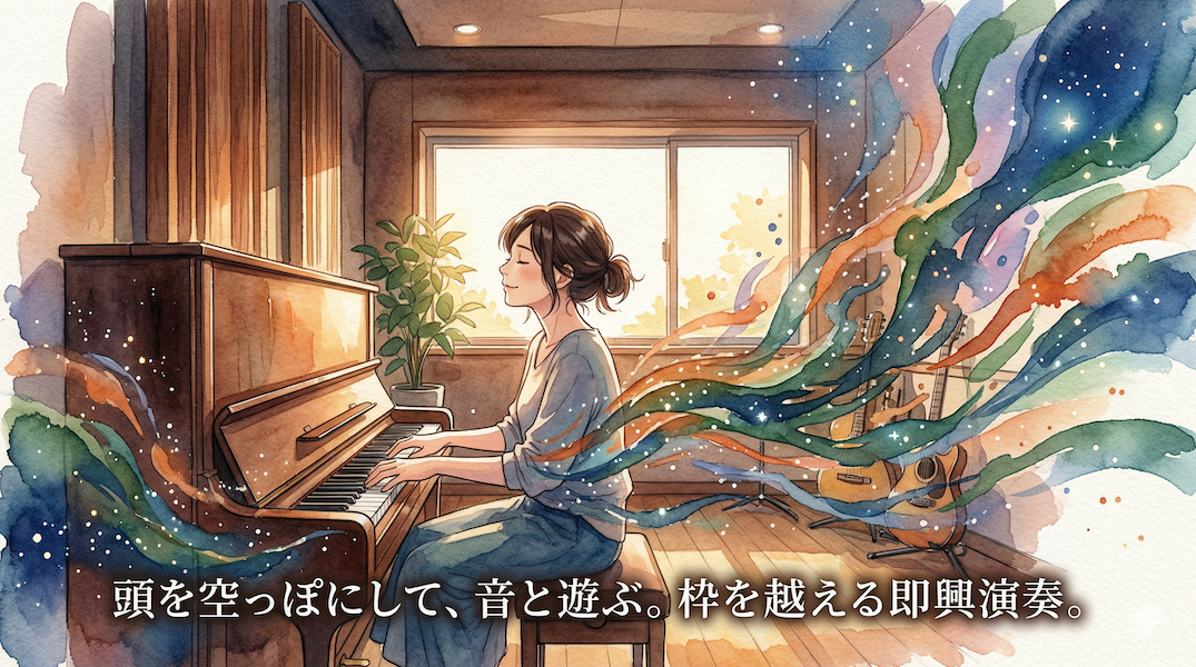 温かみのある水彩画風アニメイラスト。大人の女性が目を閉じ、楽譜を見ずにリラックスしてピアノで即興演奏をしている。彼女の周りには規則的なグリッドではなく、自由でオーガニックな色彩と光の波が広がり、音楽の枠が外れた解放感を表現している。下部には「頭を空っぽにして、音と遊ぶ。枠を越える即興演奏。」というテキストがある。