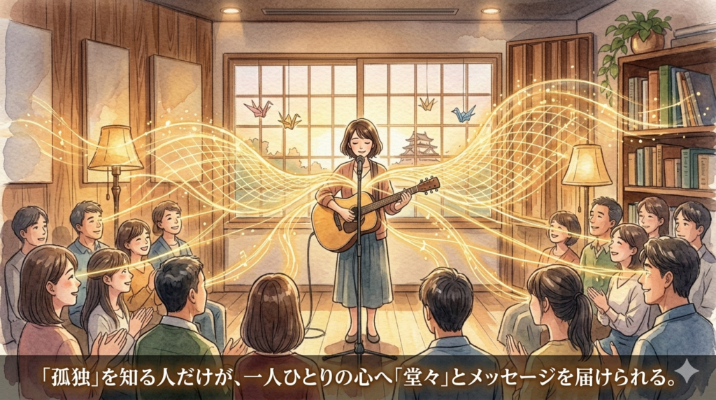 温かみのある水彩画風アニメイラスト。岸和田の音楽スタジオ（image_96.png）で、大人の女性が立ち姿で舞台に立ち、目を閉じずに観客を見つめ、堂々とした表情で演奏している。彼女の体や声からは黄金の光の粒子と音楽的オーラ（image_100.pngのようなビートとパルスのグリッド）が溢れ、空間全体を明るく豊かに満たしている。その光は、観客席にいる一人ひとりの心へと繋がっている。背景には木目の壁や本棚、岸和田城が見える温かい舞台の風景。下部に「『孤独』を知る人だけが、一人ひとりの心へ『堂々』とメッセージを届けられる。」という白い日本語テキストがある。