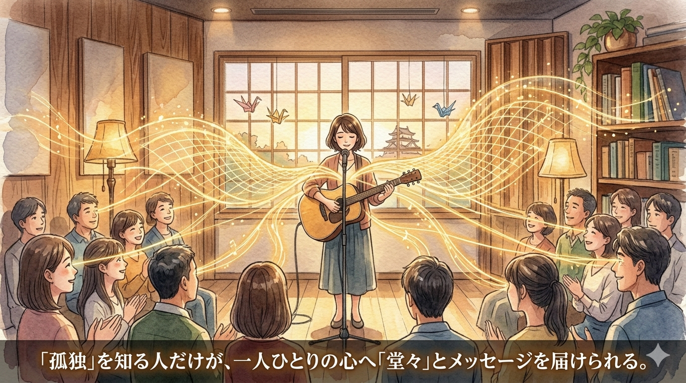 温かみのある水彩画風アニメイラスト。岸和田の音楽スタジオ（image_96.png）で、大人の女性が立ち姿で舞台に立ち、目を閉じずに観客を見つめ、堂々とした表情で演奏している。彼女の体や声からは黄金の光の粒子と音楽的オーラ（image_100.pngのようなビートとパルスのグリッド）が溢れ、空間全体を明るく豊かに満たしている。その光は、観客席にいる一人ひとりの心へと繋がっている。背景には木目の壁や本棚、岸和田城が見える温かい舞台の風景。下部に「『孤独』を知る人だけが、一人ひとりの心へ『堂々』とメッセージを届けられる。」という白い日本語テキストがある。