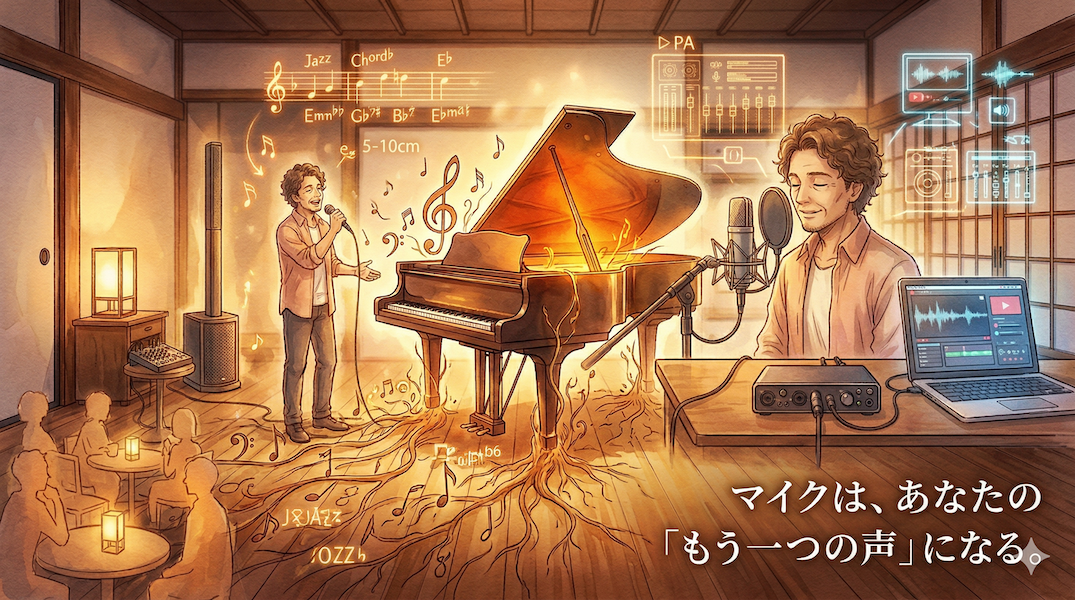温かみのある水彩画風のイラスト。スタジオで演奏するボーカリストの姿。画面を左右に分割し、左側には10名〜20名ほどのカフェでのライブ演奏、右側にはレコーディングやライブ配信の様子を描いている(2つの到達点)。それぞれのシーンで、演奏者はマイク(楽器)との距離をコントロールしており、その音が黄金に輝く音符やジャズのコードシンボル(Cmaj7、Dm7など)へと変化し、木の根のように空間に深く広がり、周囲と繋がっている。これがユーザーの主張する「マイクの距離で声と音量バランスをブレンドする」様子と、基本的PA知識が土台となっていることを視覚化している。画像右下には「マイクは、あなたの「もう一つの声」になる。」というテキストが書かれている。