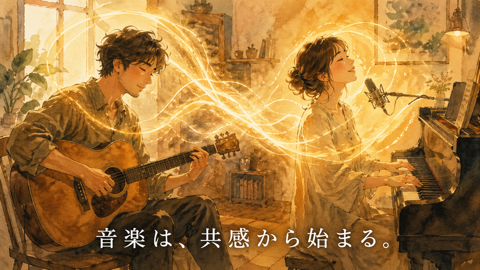 暖かな光の部屋で、二人の大人が向かい合って楽器を奏で共鳴し合う水彩アニメ風イラスト。二人の間を黄金の光の波が行き来して融合し、下部中央に「音楽は、共感から始まる。」の白いテキスト。