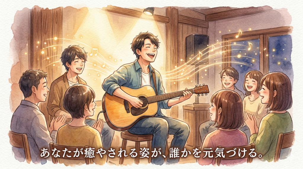 温かみのある水彩画風アニメイラスト。小さなライブスペースで、大人のミュージシャンが心から楽しそうに、自分自身を癒やすように演奏している。その姿を見つめる観客や共演者も、温かい笑顔を浮かべて癒やされている。演奏者から観客へと光の粒子が繋がり、音楽がもたらす良い変化を表現している。下部には「あなたが癒やされる姿が、誰かを元気づける。」というテキストがある。