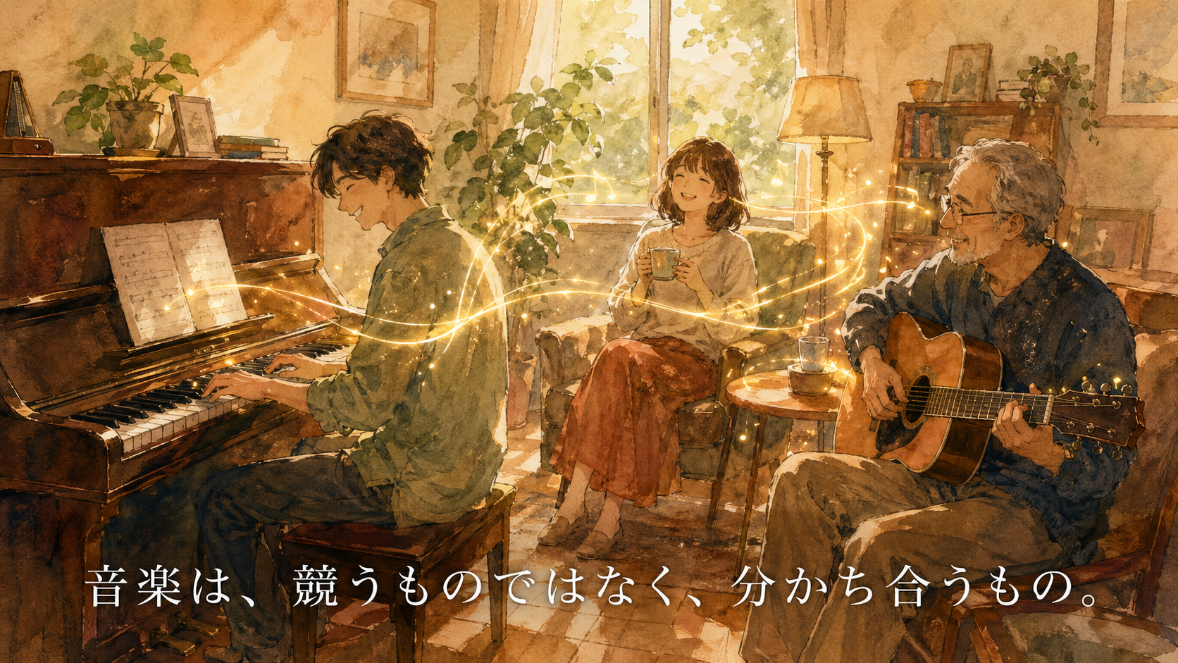 暖かな光の部屋で、複数の大人がピアノやアコースティックギターを囲んで穏やかに音楽を分かち合う水彩アニメ風イラスト。黄金の光の糸が人々を繋ぎ、下部中央に「音楽は、競うものではなく、分かち合うもの。」の白いテキスト。