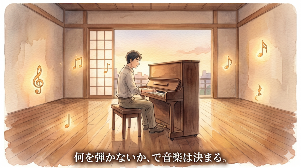 暖かな光の中、大人がピアノに向かい少ない音を慎重に選んで弾く水彩アニメ風イラスト。周囲に余白と黄金の音符が配置され、下部中央に「何を弾かないか、で音楽は決まる。」の白いテキスト。