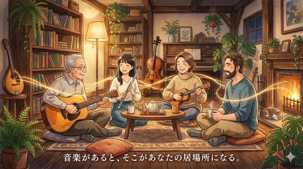 暖かな光の中、異なる年齢の大人たちが楽器を囲んで穏やかに集い、光の糸で繋がり合う水彩アニメ風イラスト。下部中央に「音楽があると、そこがあなたの居場所になる。」の白いテキスト。