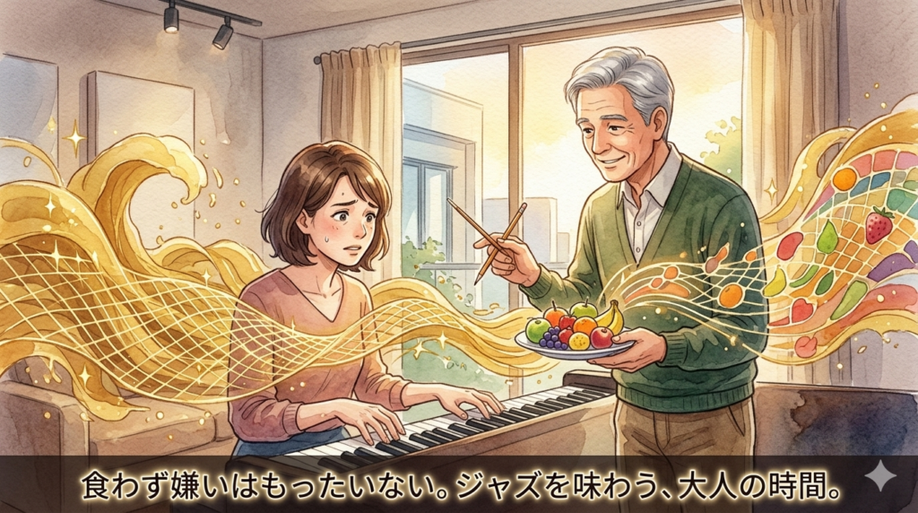 温かみのある水彩画風アニメイラスト。音楽スタジオで、複雑なジャズの音の波（image_100.pngのような）を前に躊躇している大人の初心者の隣に、優しい白髪の男性講師（image_103.pngのような）が座っている。講師は複雑な波を指し示しつつ、もう一方の手で色とりどりの美味しそうなフルーツの盛り合わせを差し出しており、音楽を「味わう」ことのメタファーを表現している。初心者の表情は躊躇から好奇心へと変わり始めている。下部に「食わず嫌いはもったいない。ジャズを味わう、大人の時間。」という白い日本語テキストがある。