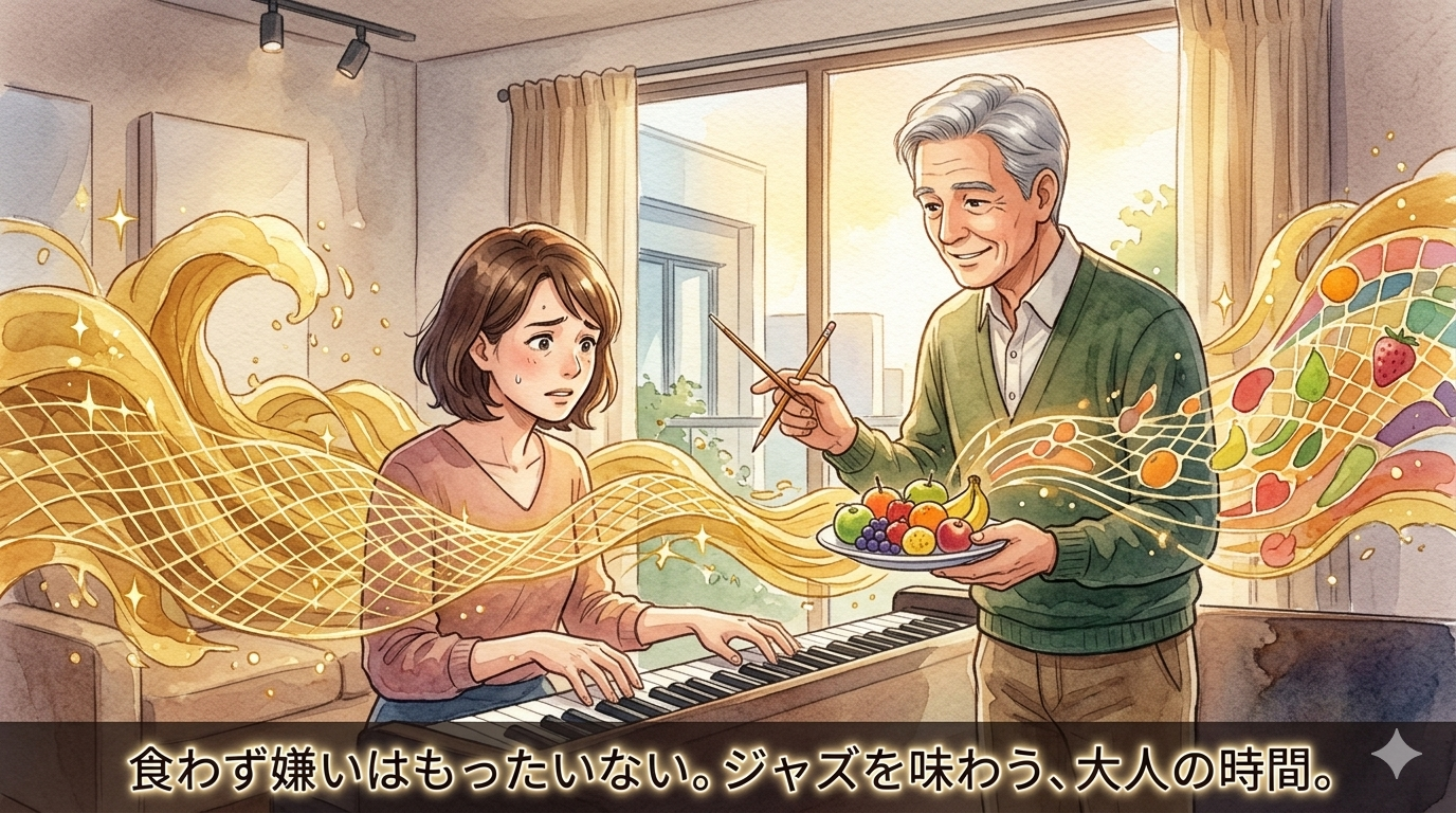 温かみのある水彩画風アニメイラスト。音楽スタジオで、複雑なジャズの音の波（image_100.pngのような）を前に躊躇している大人の初心者の隣に、優しい白髪の男性講師（image_103.pngのような）が座っている。講師は複雑な波を指し示しつつ、もう一方の手で色とりどりの美味しそうなフルーツの盛り合わせを差し出しており、音楽を「味わう」ことのメタファーを表現している。初心者の表情は躊躇から好奇心へと変わり始めている。下部に「食わず嫌いはもったいない。ジャズを味わう、大人の時間。」という白い日本語テキストがある。