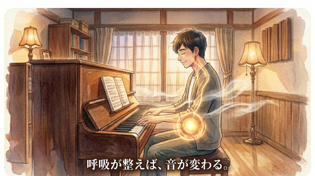 暖かな光の差し込む部屋で、男性がアップライトピアノに向かい目を閉じて演奏する水彩アニメ風イラスト。お腹（丹田）から黄金の光の球が輝き、呼吸が腕を通って鍵盤へと流れる様子が描かれ、下部中央に「呼吸が整えば、音が変わる。」の白いテキスト。