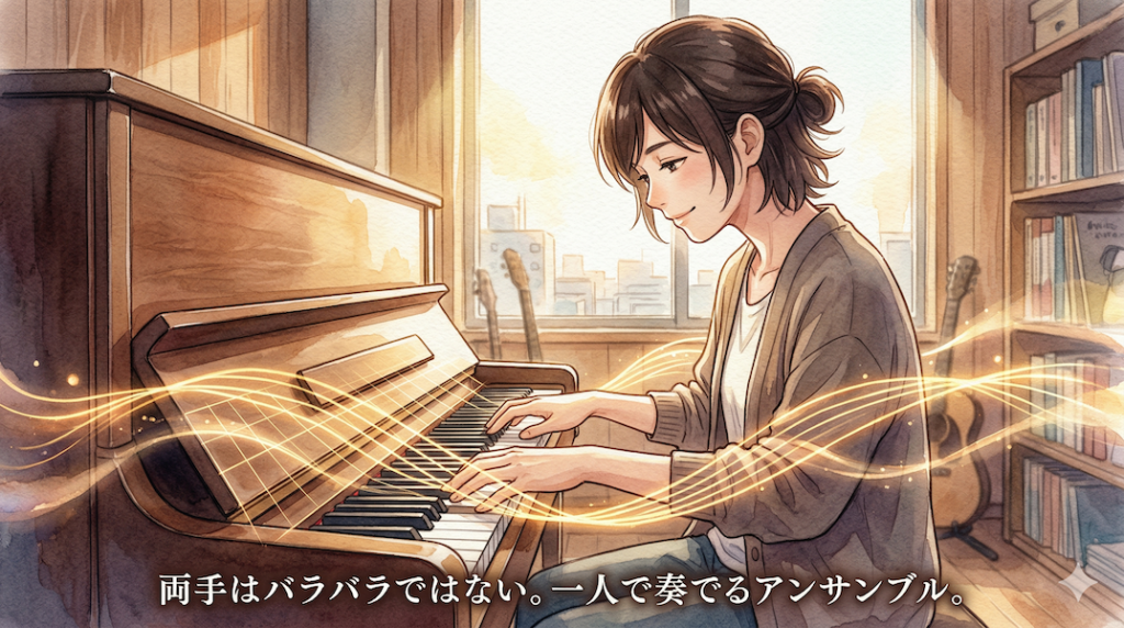 温かみのある水彩画風アニメイラスト。大人のピアニストがピアノを弾いている。左手と右手がバラバラに動くのではなく、共通のビートとパルスを表す美しい黄金の光のグリッドと糸で互いに結びつき、関連し合いながらアンサンブルを奏でている様子を視覚化している。下部には「両手はバラバラではない。一人で奏でるアンサンブル。」というテキストがある。