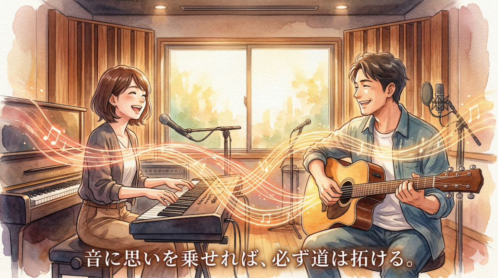 温かみのある水彩画風アニメイラスト。音楽スタジオで、大人の女性キーボーディストが楽譜から目を離し、隣のギタリストと笑顔でアイコンタクトを取りながらバンド演奏を楽しんでいる。彼女たちの楽器からは温かく輝く光の糸が伸びて互いに絡み合い、音が共鳴し、思いが通じ合っているアンサンブルの喜びを視覚化している。下部には「音に思いを乗せれば、必ず道は拓ける。」というテキストがある。
