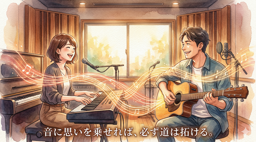 温かみのある水彩画風アニメイラスト。音楽スタジオで、大人の女性キーボーディストが楽譜から目を離し、隣のギタリストと笑顔でアイコンタクトを取りながらバンド演奏を楽しんでいる。彼女たちの楽器からは温かく輝く光の糸が伸びて互いに絡み合い、音が共鳴し、思いが通じ合っているアンサンブルの喜びを視覚化している。下部には「音に思いを乗せれば、必ず道は拓ける。」というテキストがある。