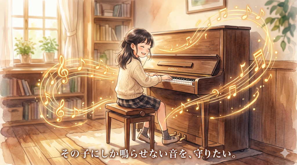 暖かな光の部屋で、子どもがアコースティックピアノに向かい、自由で楽しそうな表情で演奏する水彩アニメ風イラスト。黄金の音符が自由に流れ、下部中央に「その子にしか鳴らせない音を、守りたい。」の白いテキスト。