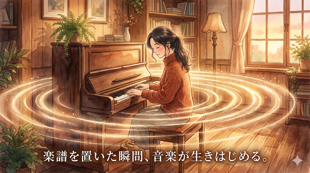 暖かな光の中、大人がピアノの前で目を閉じ楽譜なしで演奏に没入する水彩アニメ風イラスト。黄金の音の波紋が周囲に広がり、下部中央に「楽譜を置いた瞬間、音楽が生きはじめる。」の白いテキスト。