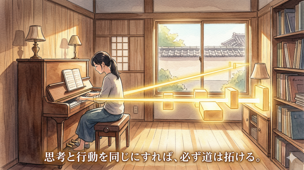 温かみのある水彩画風アニメイラスト。音楽スタジオで大人のミュージシャンが静かな集中力をもって練習している。楽器からは複雑な模様ではなく、シンプルで力強い黄金の光の道と基礎を表すブロックがまっすぐに伸びており、思考と行動が一致したストイックな美しさを表現している。下部には「思考と行動を同じにすれば、必ず道は拓ける。」というテキストがある。
