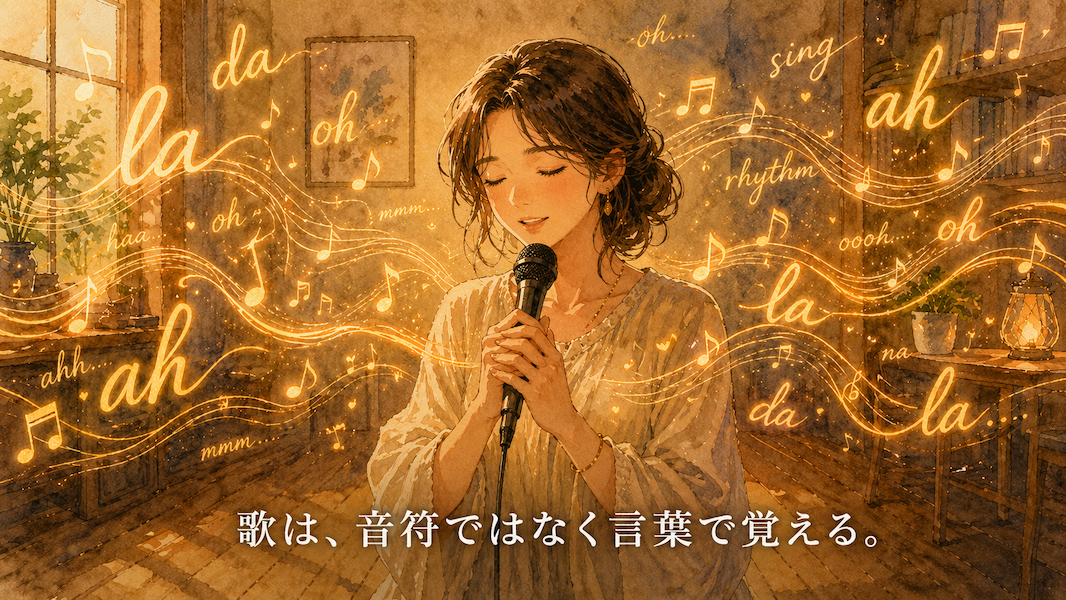 暖かな光の部屋で、女性がマイクを胸元に持ち目を閉じて語りかけるように歌う水彩アニメ風イラスト。「la」「da」「oh」「ah」「rhythm」「sing」などの英語の音節と黄金の音符が一緒に流れ、下部中央に「歌は、音符ではなく言葉で覚える。」の白いテキスト。