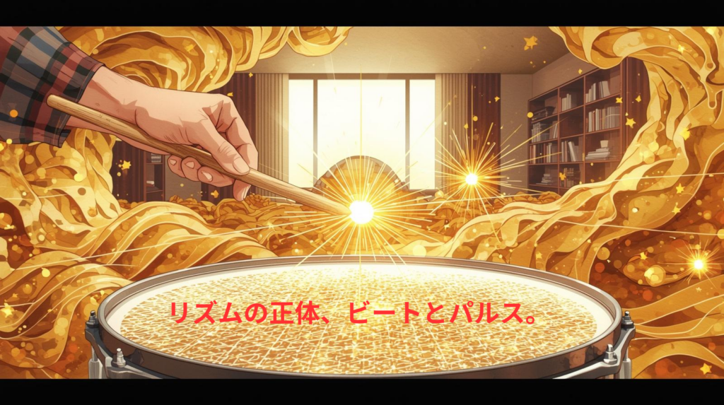スネアドラムをスティックで叩く瞬間の手元のアップ画像。打点から眩い光（アクセント）が弾け、周囲には大きな黄金の波（ビート）と緻密な網目模様（パルス）がダイナミックに広がっている。音楽のリズムの構造を視覚化した水彩アニメ風のイラスト。中央には「リズムの正体、ビートとパルス。」というテキストが配置されている。