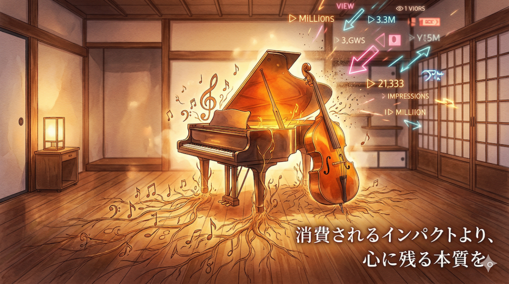 温かみのある水彩画風のイラスト。中央には深い琥珀色の光を放つグランドピアノが置かれ、その音色は木の根のように深く床（心）へと張り巡らされている。背景には、再生回数や派手なインパクトを象徴するネオンカラーのデジタル数字や記号が高速で飛び交っているが、それらは楽器に触れる前に儚く消え去っている。一時的なインプレッション数ではなく、長く心に残り続ける「音楽の本質」を視覚化している。画像右下には「消費されるインパクトより、心に残る本質を。」というテキストが書かれている。