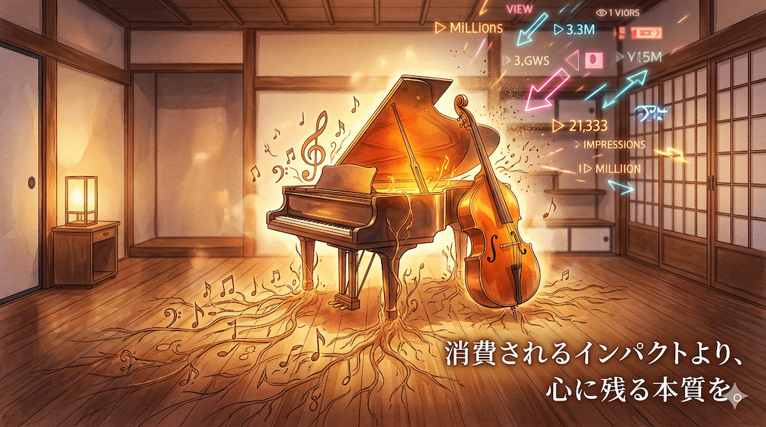 温かみのある水彩画風のイラスト。中央には深い琥珀色の光を放つグランドピアノが置かれ、その音色は木の根のように深く床（心）へと張り巡らされている。背景には、再生回数や派手なインパクトを象徴するネオンカラーのデジタル数字や記号が高速で飛び交っているが、それらは楽器に触れる前に儚く消え去っている。一時的なインプレッション数ではなく、長く心に残り続ける「音楽の本質」を視覚化している。画像右下には「消費されるインパクトより、心に残る本質を。」というテキストが書かれている。