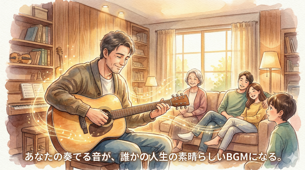 温かい水彩画風アニメイラスト。居心地の良い音楽スタジオ付きリビングルームで、中年の男性が穏やかにアコースティックギターを弾いている。右側のソファに座った家族（祖母、両親、息子）が、笑顔で演奏を聞き入っている。ギターからは黄金の光のオーラが広がっている。下部に「あなたの奏でる音が、誰かの人生の素晴らしいBGMになる。」という日本語の白いテキストがある。