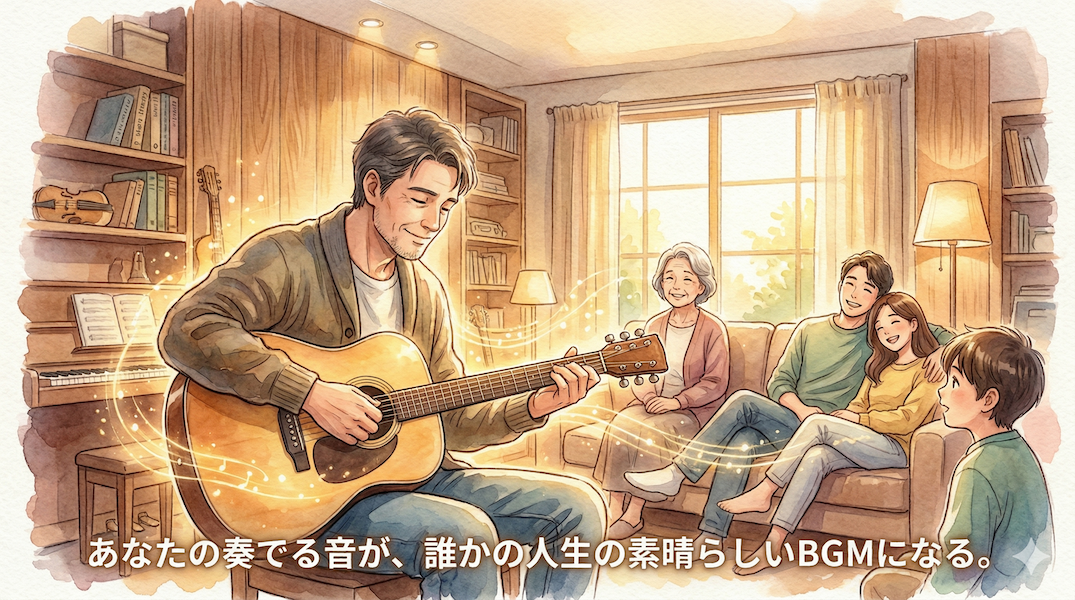 温かい水彩画風アニメイラスト。居心地の良い音楽スタジオ付きリビングルームで、中年の男性が穏やかにアコースティックギターを弾いている。右側のソファに座った家族(祖母、両親、息子)が、笑顔で演奏を聞き入っている。ギターからは黄金の光のオーラが広がっている。下部に「あなたの奏でる音が、誰かの人生の素晴らしいBGMになる。」という日本語の白いテキストがある。